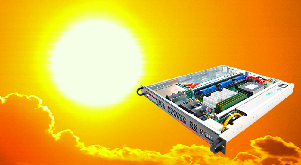 Trenton Systems rugged server superimposed over a sun-and-clouds background